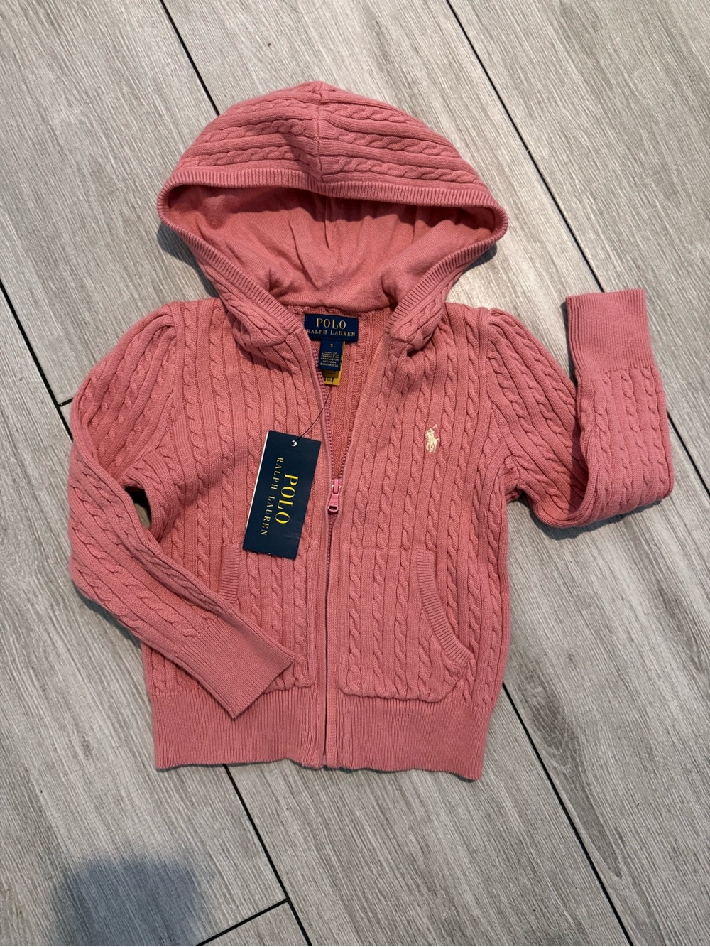 Polo by Ralph Lauren Pink Cable Knit Hooded Zip Sweater